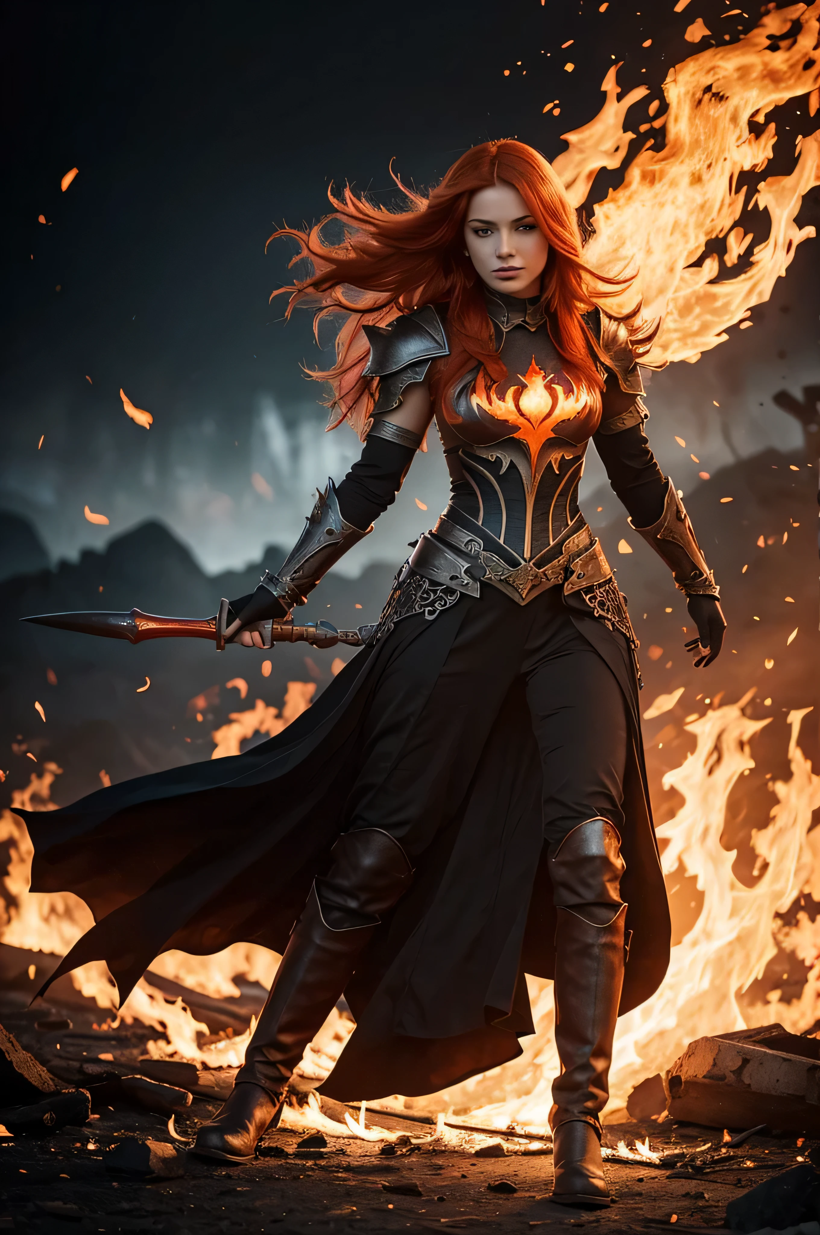 Flaming fantasy running orange-haired woman made out gothic fantasy armor with lots of fire with lots of fire illustrated simple reds and blacks t shirt design flat vector image