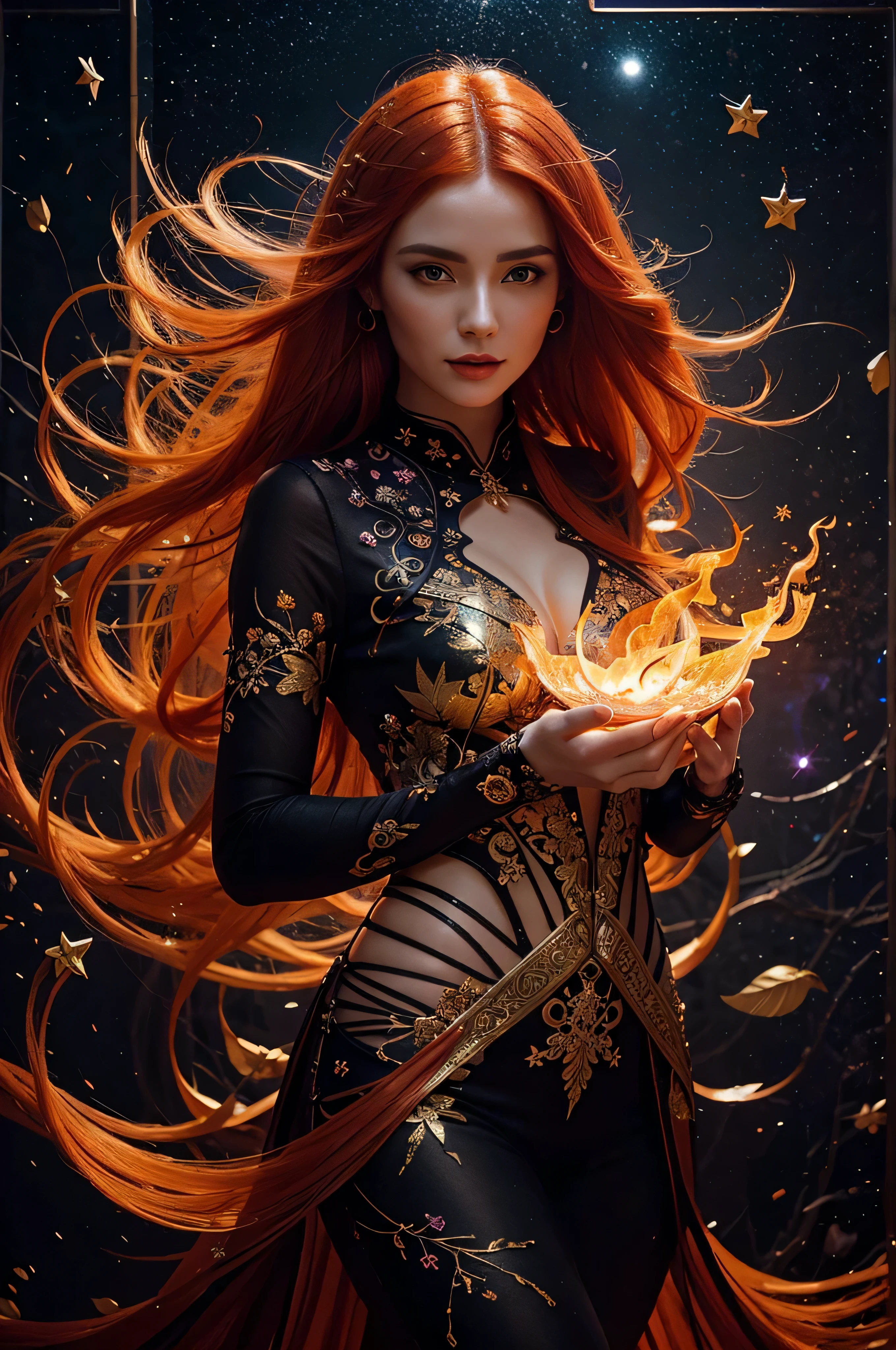 Modern Acrylic painting, glass Flaming fantasy running orange-haired woman, stars, purple blossom branch, dark tones, gold leaf, whimsical atmosphere, ((surrealism)), (abstract), intricate brush strokes, beautiful lighting, intricate details, Unreal Engine, creative, detailed, colorful, digital art, HW*