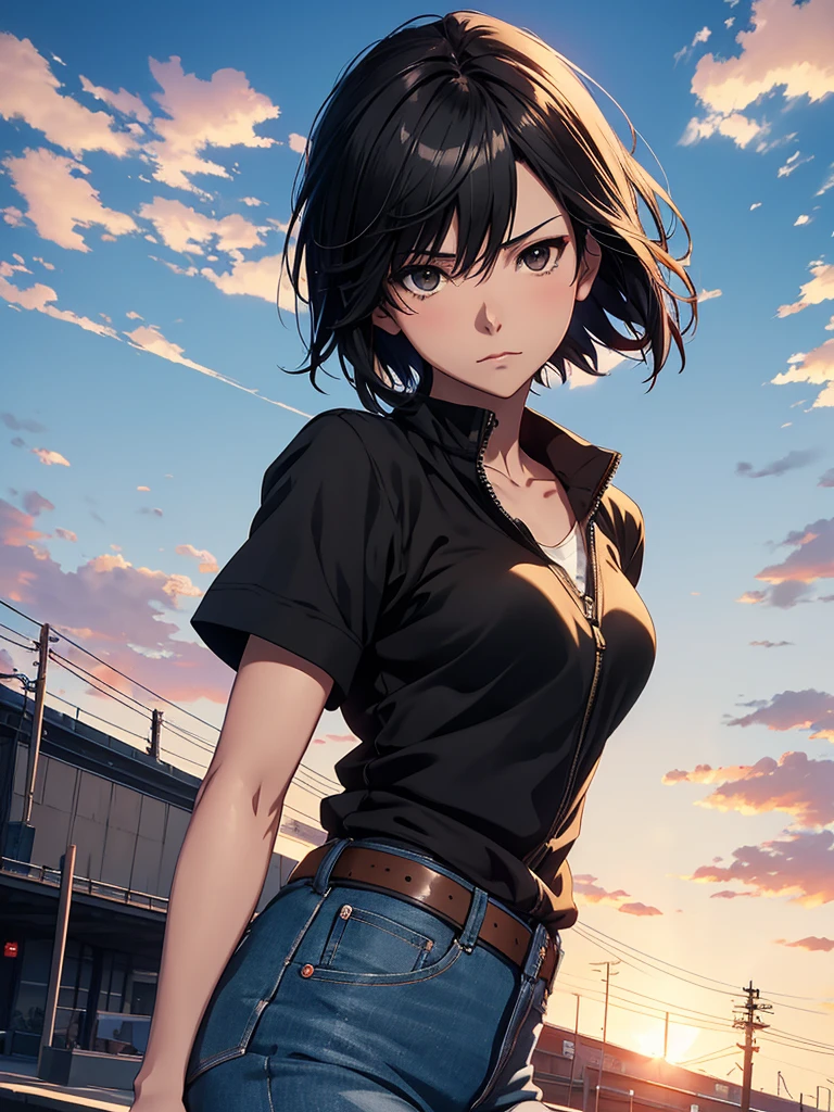 Haute résolution 8K, NSFW, Style animé, photographie de portrait argentique, 1femme, Angle dynamique, pose dynamique, Visage mince, belle femme, (((Yeux noirs, cheveux courts, cheveux noirs))), dame adulte, Porter des jeans, personnages d&#39;anime dans une scène avec un fond de ciel, style de film ton nom, Images fixes dans les anime télévisés, votre nom, Fiona Staples et Makoto Shinkai, makoto shinkai et bioware, guweiz et makoto shinkai, image fixe d&#39;anime, Images fixes de films d&#39;animation, capture d&#39;écran du film d&#39;animation, (Texture de peau naturelle Détails éclatants, hyper réaliste)