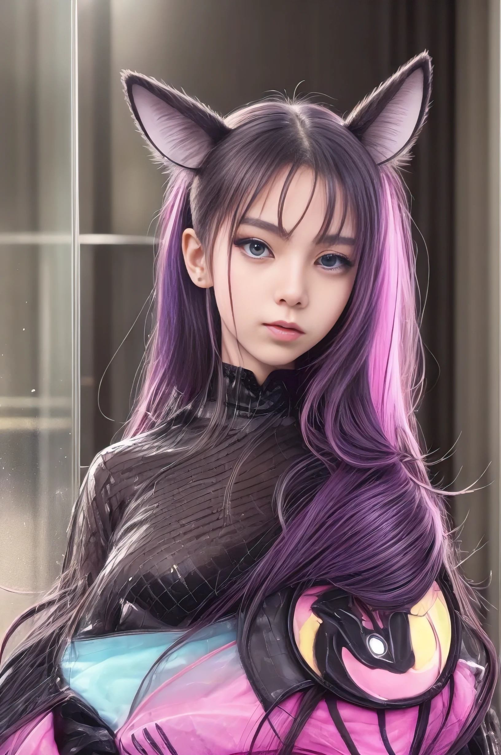 There is a girl with long hair，Wide-open and closed squat position，Rabbit ears and pink bow, Girl with cat ears, with bunny ears, lalisa manobal, belle delphine, Lalisa Manoban in blackpink, short detailed hair,Colorful hair color、slightly drooping eyes、 very beautiful cute catgirl, young cute wan asian face, ulzzangs, wearing pink hair bow, portrait of jossi of blackpink