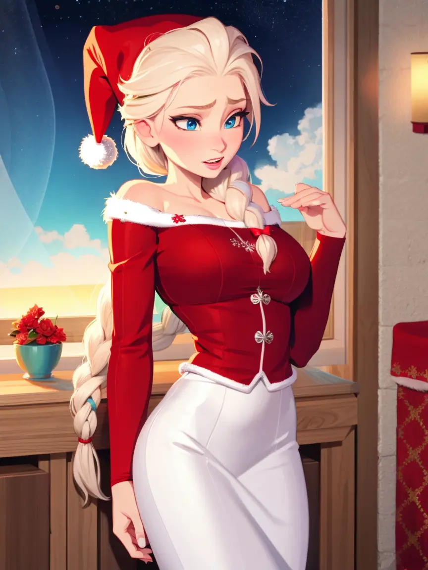 elsa, christmas, single braid, santa outfit