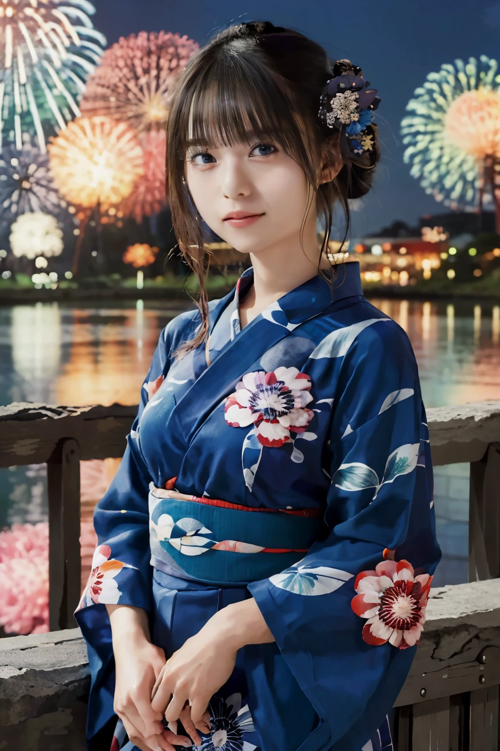 ((تحفة, أعلى جودة, تعريف فائق, عالي الدقة)), 4K. وحيد, فتاة جميلة, عيون مشرقة, عيون مثالية, أخت اليابان الجميلة, الموضوع الأزرق, يوكاتا, الخلفية هي الألعاب النارية الليلية