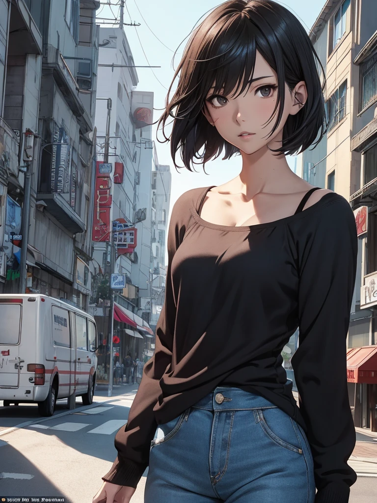 High resolution 8K, NSFW, Anime style, Film Portrait Photography, (((1woman))), dynamic angle, dynamic pose, slender face, Beautiful Women, (((Black eyes, Short bob hair, Black hair))), adult lady, Wear jeans, anime characters in a scene with a sky background, your name movie style, Stills in TV anime, yourname, fiona staples and makoto shinkai, makoto shinkai and bioware, guweiz and makoto shinkai, anime still image, Animated film stills, anime movie screenshot, (Natural skin texture Vibrant details, hyper realistic)