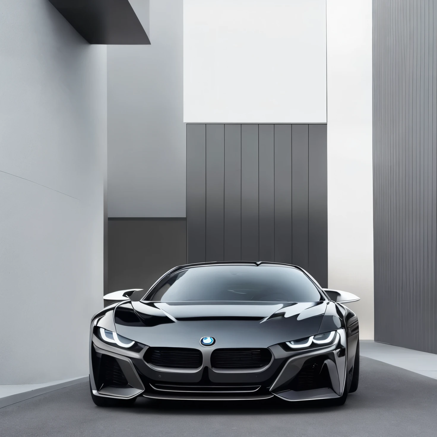 a far shot of a black sports car parked in front of a building, with sleek lines and a powerful, modern minimalist f 2 0, cinematic body shot, bmw ultra concept cars, front profile shot, luxury hd render, high-quality render, bmw m1 lincoln continental, modern minimalist f 2 0 clean, black car, front view dramatic, bmw i 8