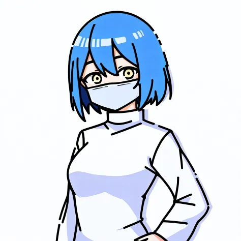 1girl, Blue hair, (square), White collar, 
mbestyle,whitebackground, The Red Mask, the whole shirt is white, absolutely white shirt, Average Breasts, yellow eyes, no sleeves, 
Bottom line, black eyebrows