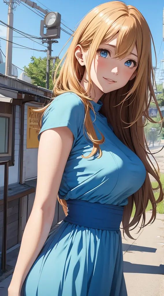 High resolution 8K, NSFW, Anime style, Film Portrait Photography, (((1woman))), big breasts, smile, Golden hair, Long hair, Blue...