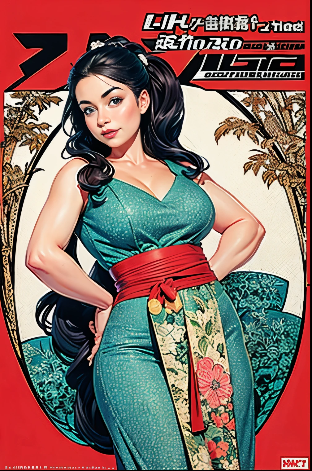 ((masterpiece)), (best quality), (cinematic), An ultra fine detailed Ukiyo-e painting,  retro fashion magazine cover, 1girl, milf, mature woman, chubby woman, fashionable, full body, modern, retro style, large breasts, big eyes, long thick eyelashes, cleavage, full lips, chubby cheeks, long thick hair,  high ponytail, accessories, inspired by Joseph Christian Leyendecke