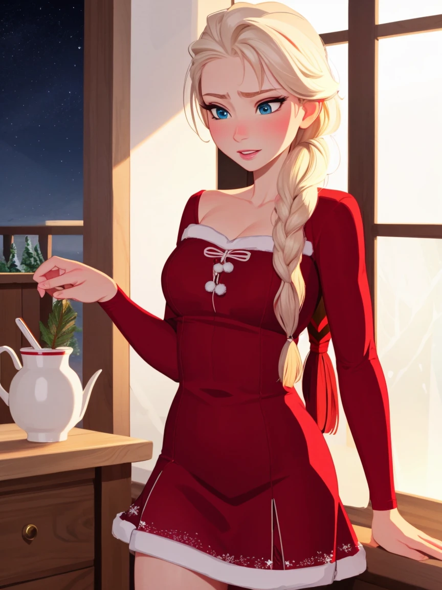 Elsa, christmas, single braid, santa outfit