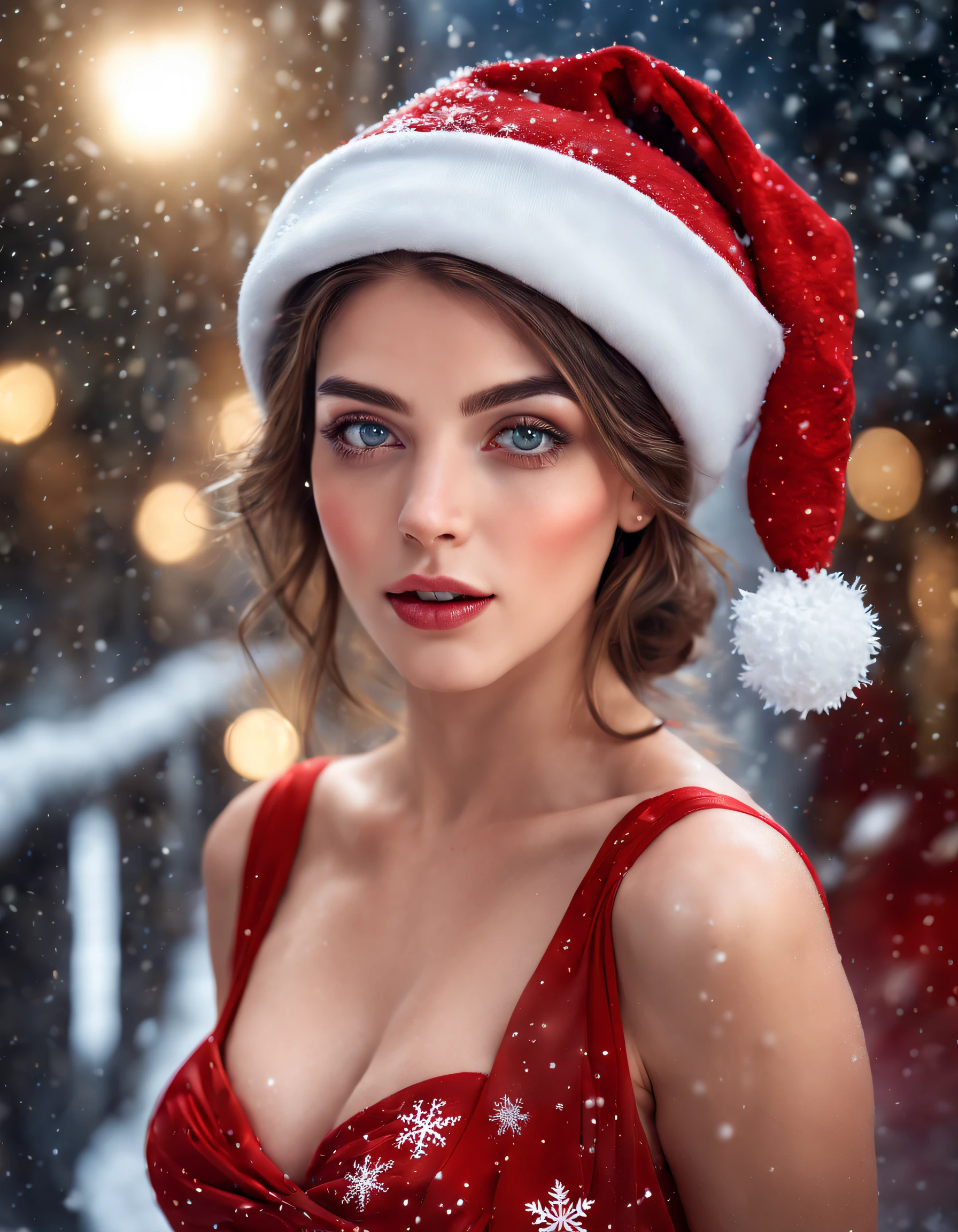 (best quality,highres:1.2),Realistic,portraite,Beautiful woman,perfectly detailed face,detailed eyes and lips,red silk dress,Christmas has,snow falling from the sky,vivid colors,Winter scenario,Snowflakes in the background,festive atmosphere,Soft lighting and Warm