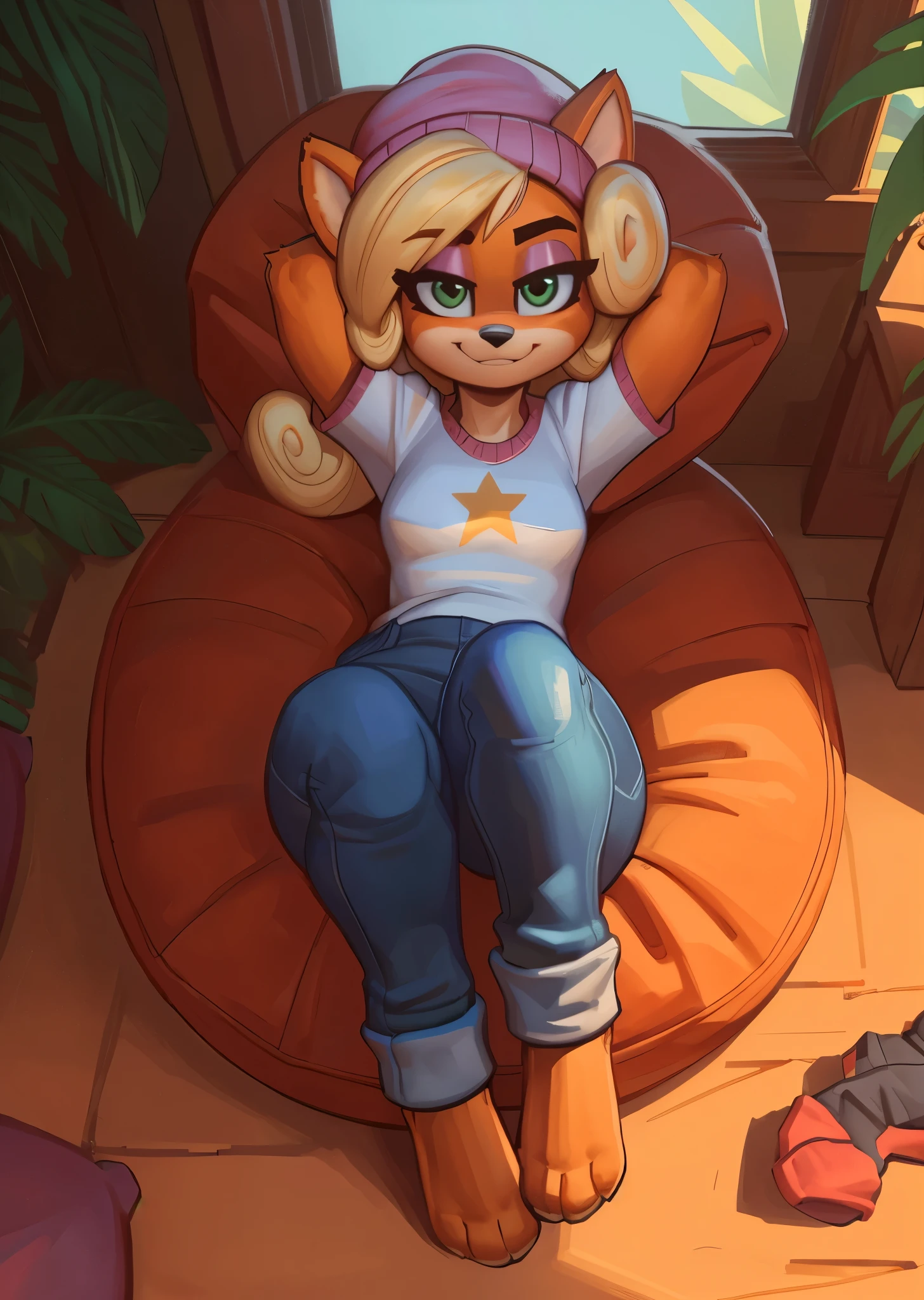 [Coco bandicoot], [Uploaded to e621.net; (Pixelsketcher), (wamudraws)], ((masterpiece)), ((HD)), ((solo portrait)), ((full body)), ((bird's-eye view)), ((feet visible)), ((furry; anthro)), ((detailed fur)), ((detailed shading)), ((beautiful render art)), ((intricate details)), {anthro; orange fur, black nose, (cute green eyes), (short eyelashes), (pink eyeshadow), (long blonde curly hair), (curvy hips), (beautiful legs), (beautiful paws), (blushing), (smug smirk)}, {white tee shirt), (yellow star printed on shirt), (tight jeans), (pink beanie)}, {(on beanbag), (hands behind head), (looking at viewer)}, [background; (tropical forest), (tree house), (window), (blue sky), (sun rays)]