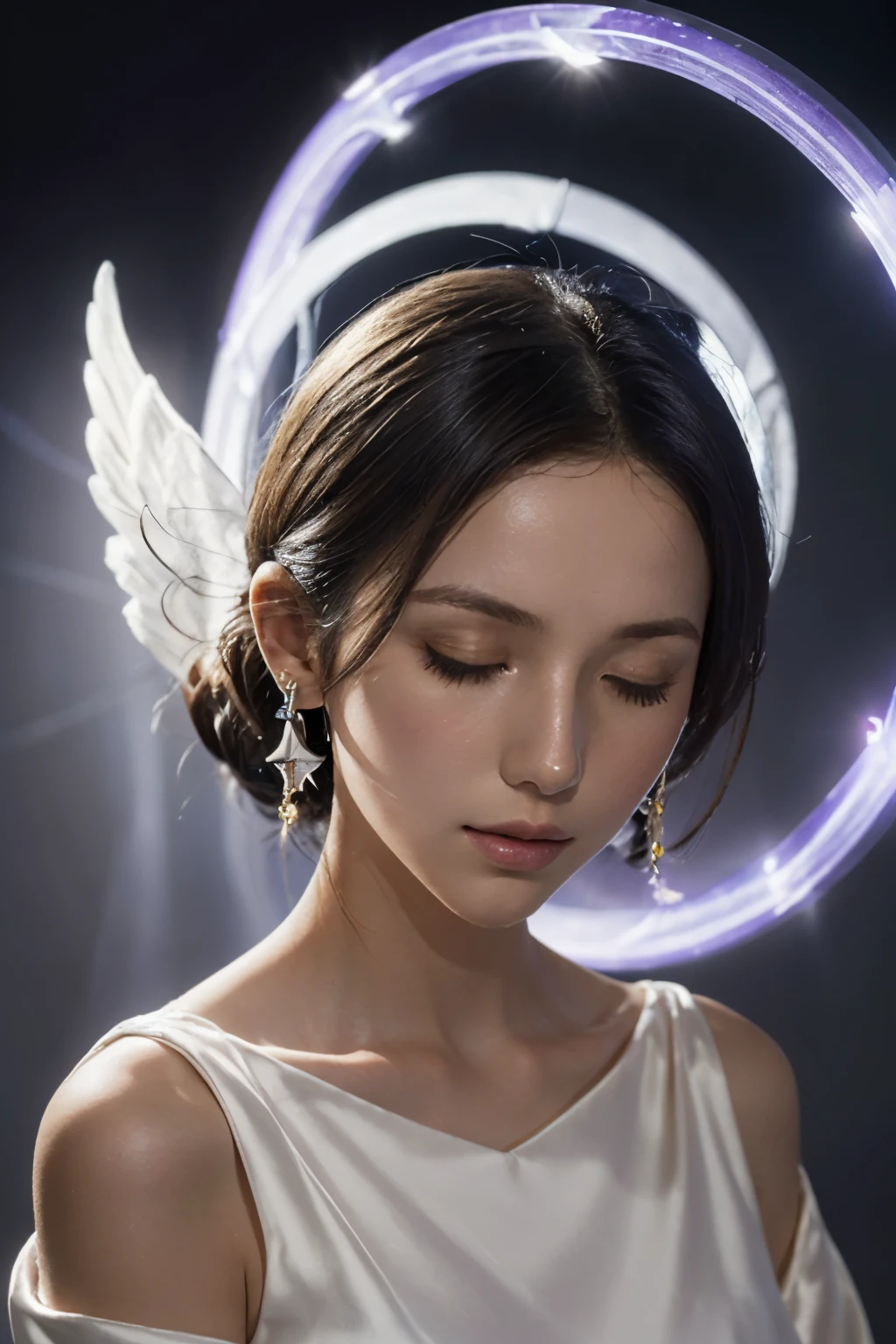 1girl in, Solo, Jewelry, earrings, Closed eyes, flower,(Sunlight),(Angel),Dynamic Angle, floating, Wing, Halo, floating white silk,(Holy Light),silver star,