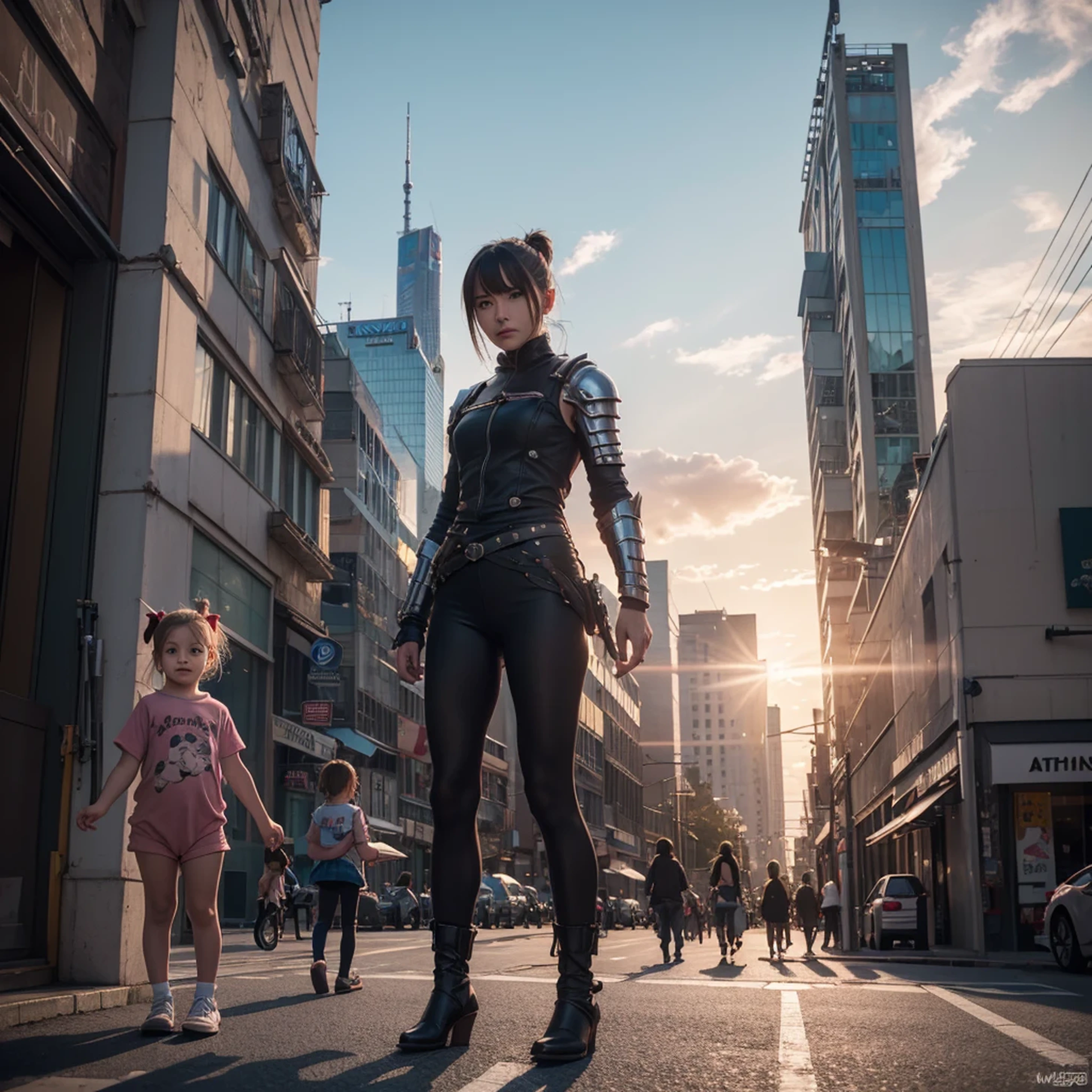 A piglet in armor and a little girl on the street, city street sunset, movie lighting, movie shooting AR 9:16 -N 6-G, Japonisme 3 D 8 K hyper-detailed, realistic street view, octane rendering. Author: Makoto Shinkai, realistic afternoon lights, Akihiko Yoshida. Unreal Engine, anime style. 8K