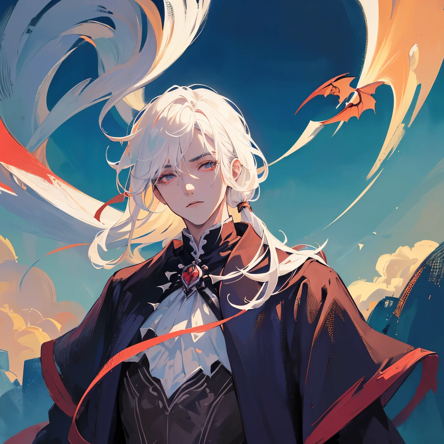 (curse of strahd), (anime), (full body), (front), (Masterpiece), (Portrait), (Aesthetic), (Whole Crpo), (White Hair), (High Quality), (Aesthetic Clothes), (Professional Angle), (Rule of Thirds), (Male), (Man), (Male), (Handsome), (Male Features), (21 Years Old), (Attractive Vampire), Summer, (Ink Mist), (Afternoon), (Vibrant Light)