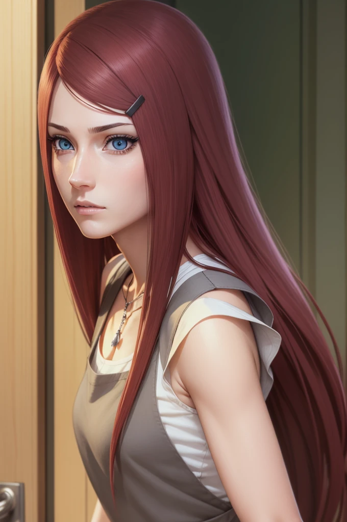 kushina, kushina, long hair, hair ornament, red hair,  red head, hairclip, (grey eyes:1.5),
BREAK shirt, dress, jewelry, white shirt, short sleeves, apron, bracelet, green apron, collar,
BREAK looking at viewer, upper body, full body, cowboy shot,
BREAK indoors,
BREAK (masterpiece:1.2), best quality, high resolution, unity 8k wallpaper, (illustration:0.8), (beautiful detailed eyes:1.6), extremely detailed face, perfect lighting, extremely detailed CG, (perfect hands, perfect anatomy),