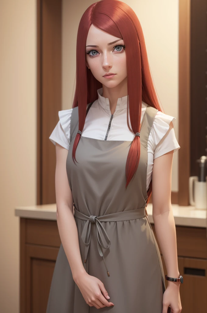 Kushina, Kushina, cheveux longs, ornement de cheveux, cheveux roux,  tête rouge, pince à cheveux, (Yeux gris:1.5),
casser shirt, robe, bijoux, chemise blanche, manches courtes, tablier, Bracelet, green tablier, collier,
casser looking at viewer, Haut du corps, tout le corps, tir de cow-boy,
casser indoors,
casser (chef-d&#39;œuvre:1.2), Meilleure qualité, haute résolution, unité 8k fond d&#39;écran, (illustration:0.8), (Beaux yeux détaillés:1.6), visage extrêmement détaillé, éclairage parfait, CG extrêmement détaillé, (des mains parfaites, Anatomie parfaite),