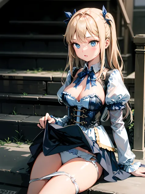 ultra detailed game CG, (High resolution:1.1),(absurderes:1.1), Best Quality, Ultra high definition, The highest resolution, Very detailed, Anime,  1girl in,  (Skirt lift:1.1), Blonde hair, Blue eyes, White blouses, (White panty:1.2), Blue Ribbon, corsets,...