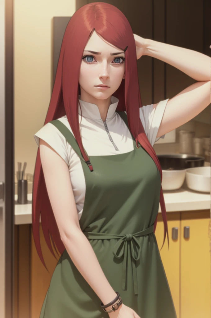 {-erro_de_anatomia:1.0} kushina, kushina, long hair, hair ornament, red hair,  red head, hairclip, (grey eyes:1.5),
BREAK shirt, dress, jewelry, white shirt, short sleeves, apron, bracelet, green apron, collar,
BREAK looking at viewer, upper body, full body, cowboy shot,
BREAK indoors,
BREAK (masterpiece:1.2), best quality, high resolution, unity 8k wallpaper, (illustration:0.8), (beautiful detailed eyes:1.6), extremely detailed face, perfect lighting, extremely detailed CG, (perfect hands, perfect anatomy),