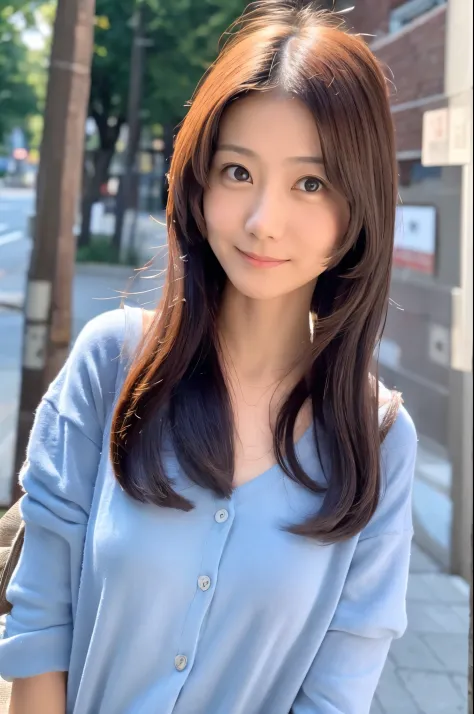 (High reality photograph, high resolusion, detailed face, detailed eyes) Skinny Japanese lady, 40 years old, 1 girl, cute face, various hair style, skinny figure, very small breasts, very thin waist, casual clothes, on a street, full-body photo