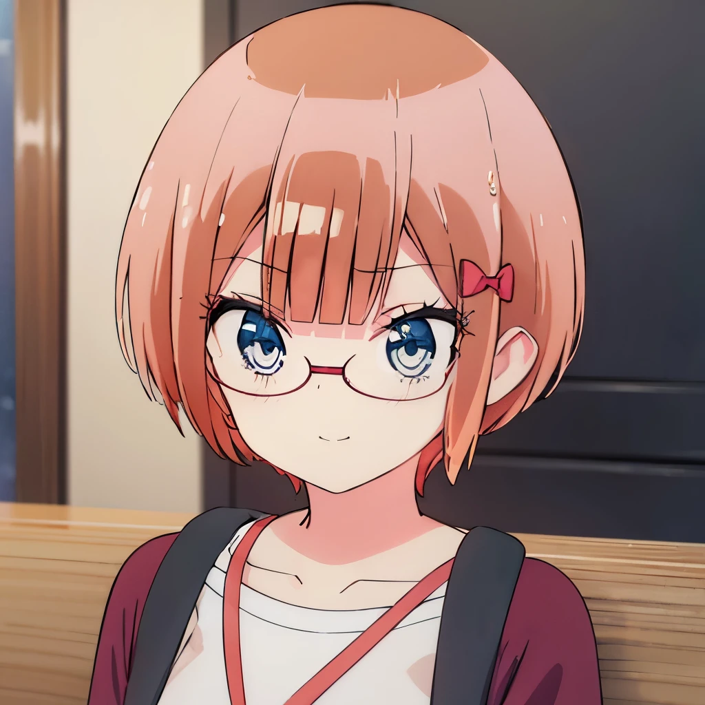 Chica anime con gafas y un lazo rojo en una habitación. - SeaArt AI