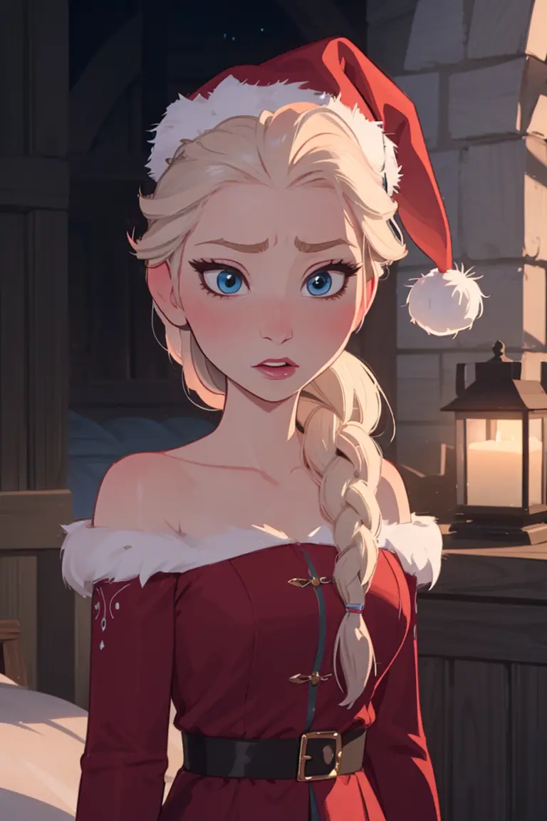 Elsa of arendelle, single braid, white hair, FROZEN, santa outfit, detailed, masterpiece, frozen, disney, elsa of arendale, sant...