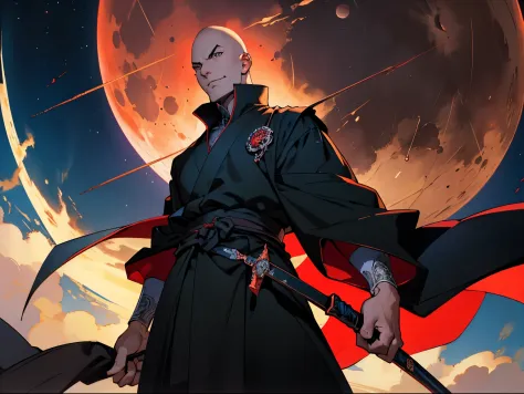 anime style, bold lines, oil painting, bald fantasy sword master in black robes with evil smirk, masterpiece, intricate details,...