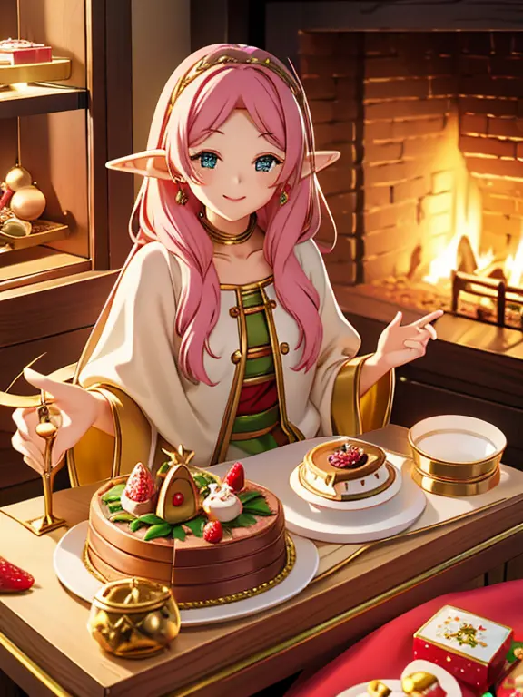 cute smile face、singing elf、sitting in a jewelry box、lots of treasures, treasure chest and sweets、christmas cake、strawberry cake...