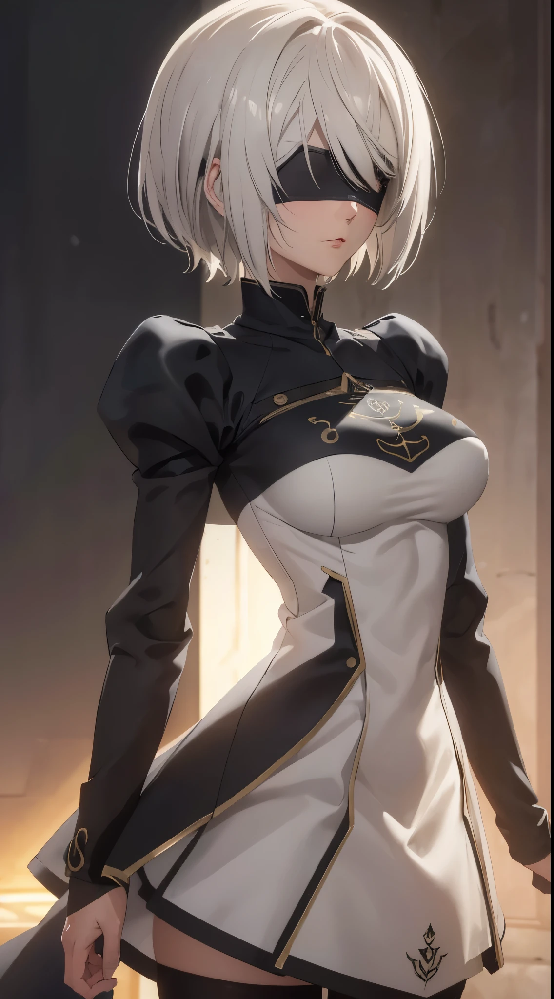 (extremely detailed CG unity 8k wallpaper), (masterpiece), (best quality), (ultra-detailed), (best illustration), (best shadow), (absurdres), 2b, 1girl, short hair, long ponytail, normal size , white hair, blindfold solo, Intimidating women, admiral uniform, night, hero pose, white clothes, General Uniform, Military Uniform, Sunlight, exposed to sunlight,commander, cape, fighting, ((beautiful fantasy girl)), (Master Part: 1.2), Best Quality, High Resolution, photorealestic, photogenic, Unity 8k Wallpaper, perfect lighting, (perfect arms, perfect anatomy) beatiful face, intricate details, lifelike details, the anime, The Perfect Girl, perfect details, ultra HD |, 8k, Professional photo