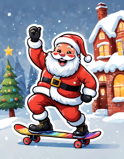 (sticker). | Masterpiece in maximum 16K resolution. | (A big cute cartoon sticker of a mischievous Santa Claus skateboarding through a snowy town, spreading joy and laughter). | Santa wears a vibrant mismatched outfit with a polka dot scarf, striped pants,...