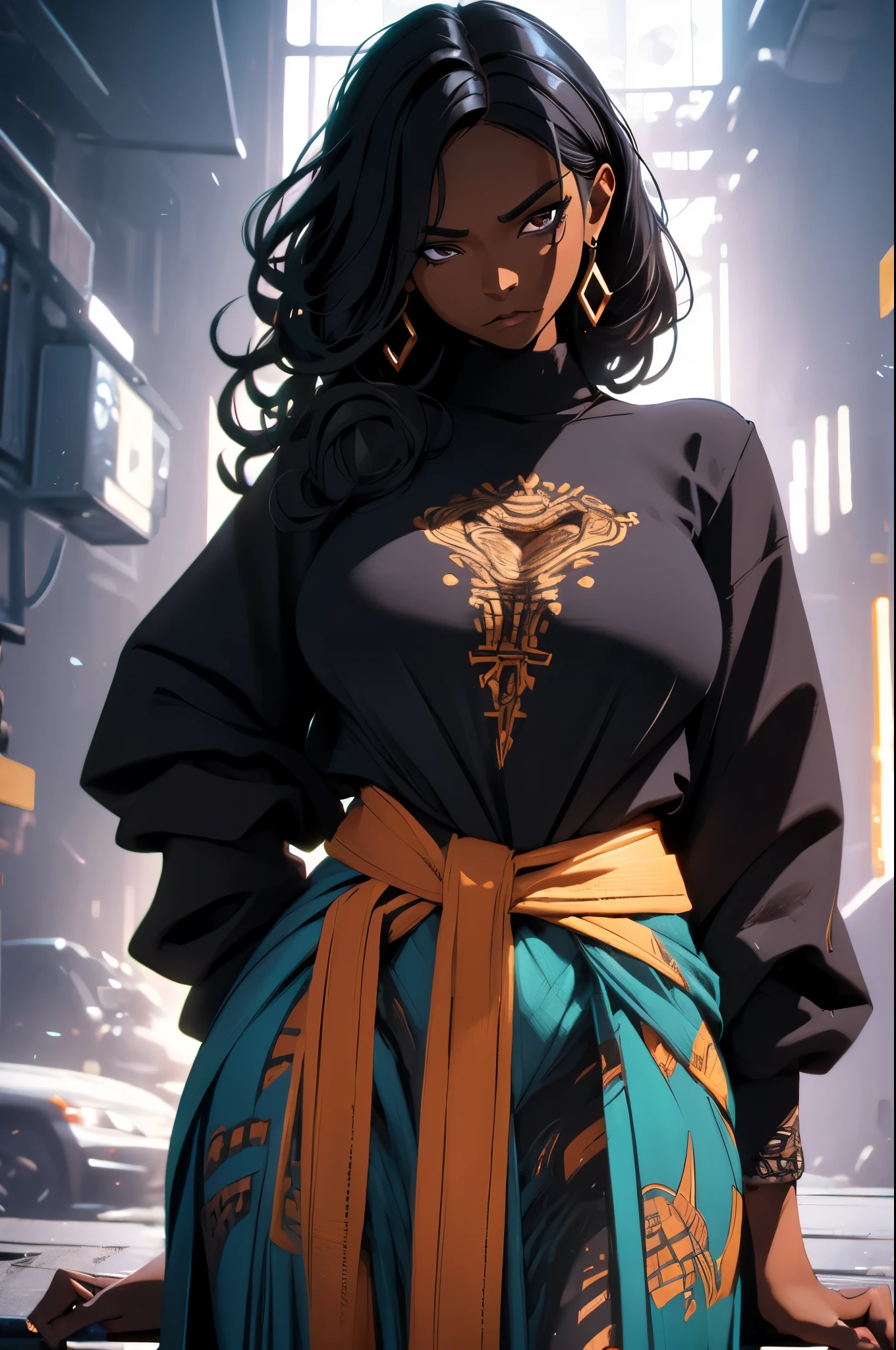 (super detail), high details, high quality, 8k, (masterpiece), best quality, dark skin, black woman, symmetrical, black hair, perfect face, intricate hair, side hair loop, black shirt, mommy dom, dominating figure, smug, intimidating, cold, great shading, mysterious figure.
