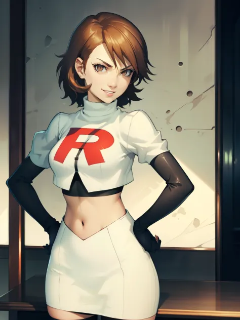 brown hair, short hair, glossy lips, eye shadow ,team rocket uniform, red letter R, white skirt,white crop top,black thigh-high ...