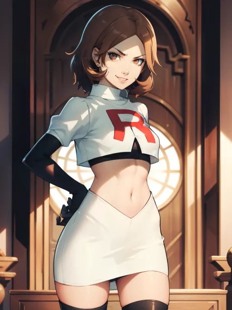 brown hair, short hair, glossy lips, eye shadow ,team rocket uniform, red letter R, white skirt,white crop top,black thigh-high ...