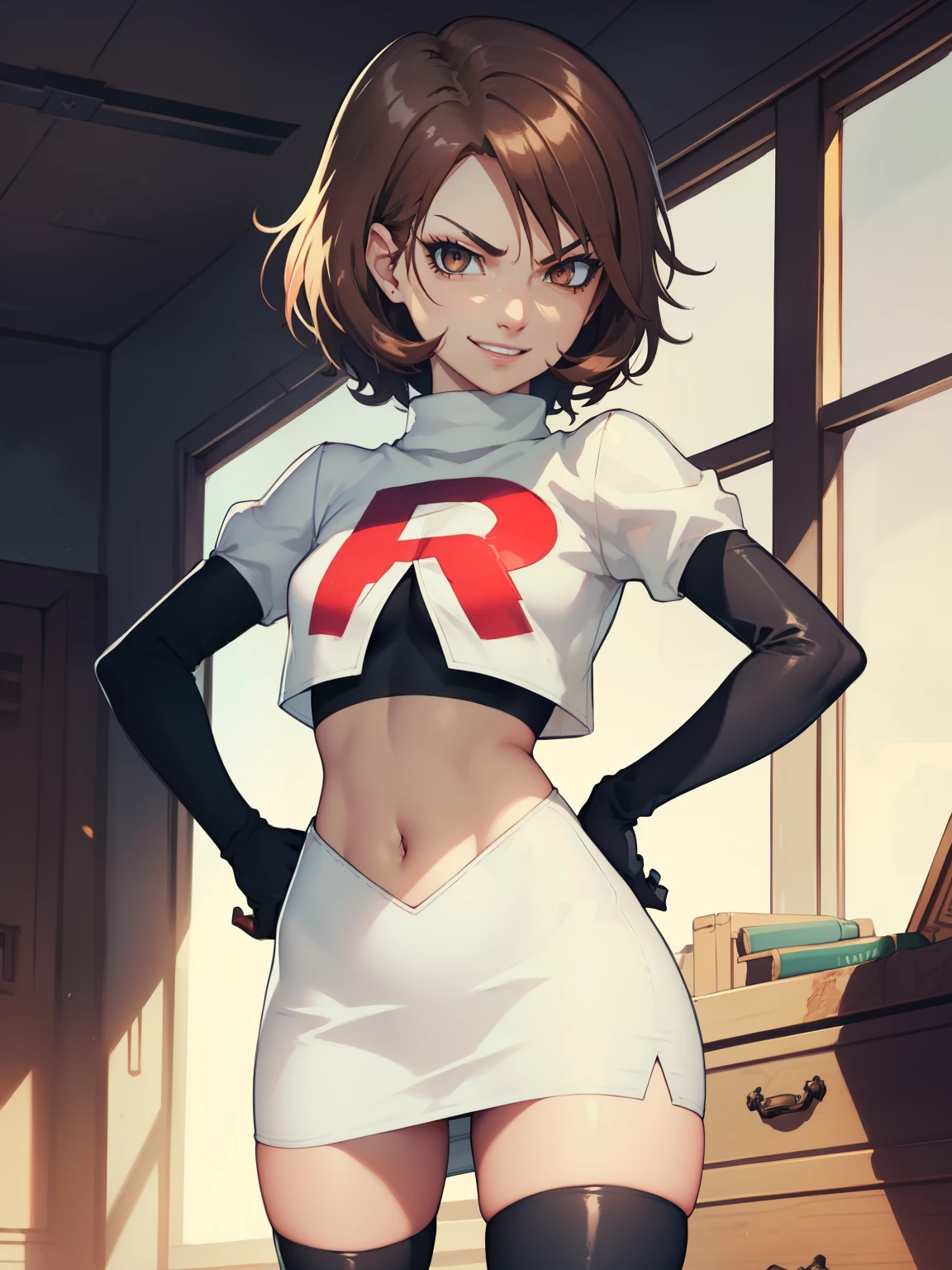 brown hair, short hair, glossy lips, eye shadow ,team rocket uniform, red letter R, white skirt,white crop top,black thigh-high boots, black elbow gloves, evil smile, evil face ,looking at viewer, cowboy shot, hands on hips