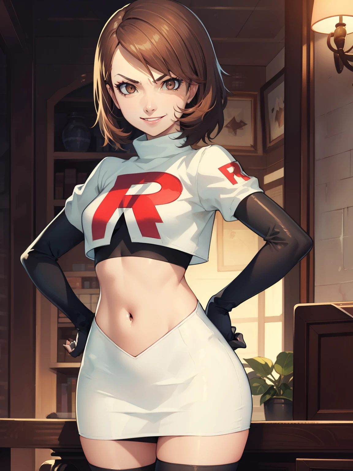 brown hair, short hair, glossy lips, eye shadow ,team rocket uniform, red letter R, white skirt,white crop top,black thigh-high boots, black elbow gloves, evil smile, evil face ,looking at viewer, cowboy shot, hands on hips