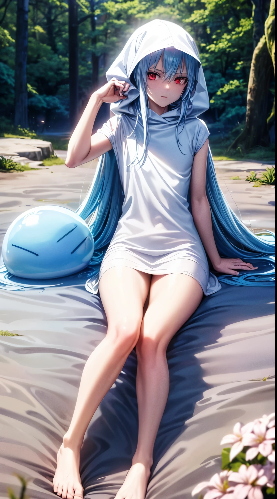 Anime girl sitting on a bed with a blue blanket and a blue ball - SeaArt AI