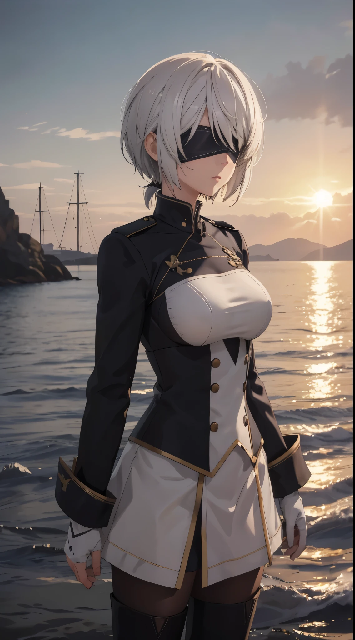 (extremely detailed CG unity 8k wallpaper), (masterpiece), (best quality), (ultra-detailed), (best illustration), (best shadow), (absurdres), 2b, 1girl, short hair, short ponytail, normal size , white hair, blindfold solo, Intimidating women, admiral uniform, night, hero pose, white clothes, General Uniform, Military Uniform, Sunlight, exposed to sunlight, commander, black clothes, sunkissed, sunset background