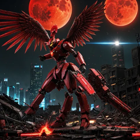 red theme, phoenix mecha, head for rooster chicken head, mecha wings, cyberpunk, best quality, masterpiece, unmanned, full body,...