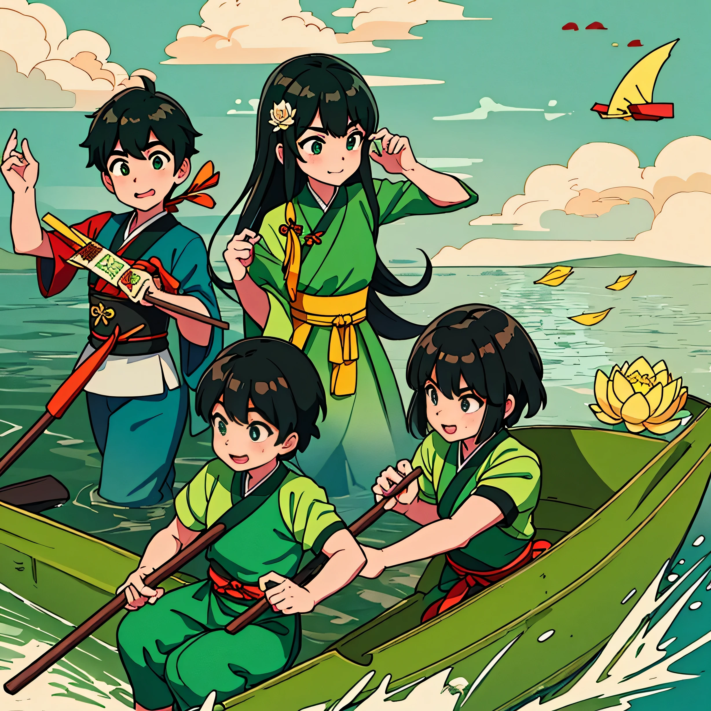 ドラゴンボートフェスティバル, 水面には漢服を着た3人の子供がドラゴンボートを漕いでいる。, 船には美味しいちまきがあります, green zongzi are 非常に詳細な, 最高の品質, 水の上に蓮の葉がある, 非常に詳細な