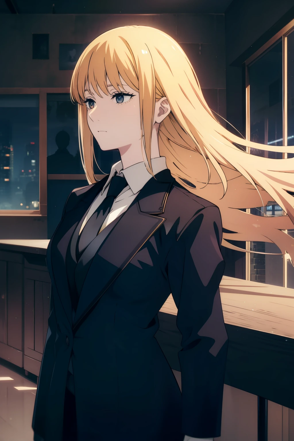 Long and yellow haired woman, wearing suits, no emotion, blue eyed, detailed, high quality, 4k