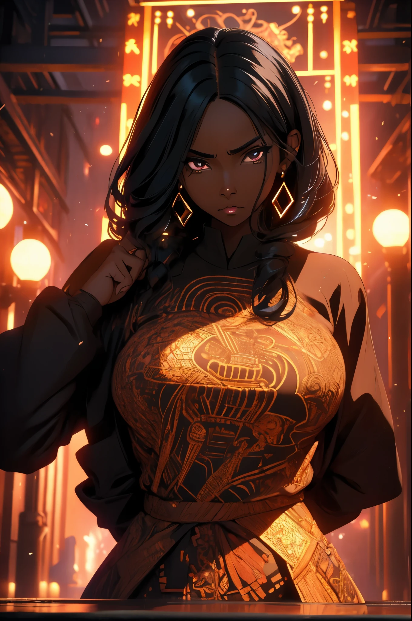 (super detail), high details, high quality, 8k, (masterpiece), best quality, dark skin, black woman, symmetrical, black hair, perfect face, intricate hair, side hair loop, black shirt, mommy dom, dominating figure, smug, intimidating, cold, great shading, mysterious figure, anime.