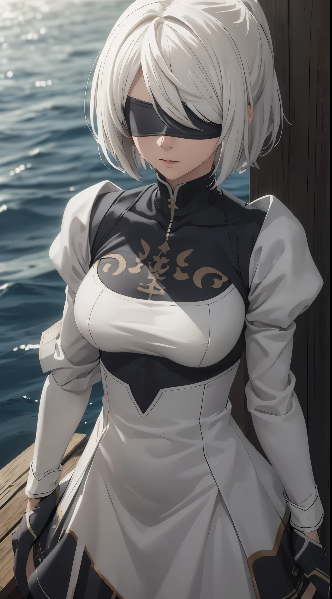 (extremely detailed CG unity 8k wallpaper), (masterpiece), (best quality), (ultra-detailed), (best illustration), (best shadow), (absurdres), 2b, 1girl, short hair, long ponytail, normal size boobs, white hair, blindfold solo, Intimidating women, admiral uniform, night, hero pose, white clothes, General Uniform, Military Uniform, Sunlight, exposed to sunlight,commander, cape, fighting, ((beautiful fantasy girl)), (Master Part: 1.2), Best Quality, High Resolution, photorealestic, photogenic, Unity 8k Wallpaper, perfect lighting, (perfect arms, perfect anatomy) beatiful face, intricate details, lifelike details, the anime, The Perfect Girl, perfect details, ultra HD |, 8k, Professional photo(extremely detailed CG unity 8k wallpaper), (masterpiece), (best quality), (ultra-detailed), (best illustration), (best shadow), (absurdres), 2b, 1girl, short hair, short ponytail, normal size , white hair, blindfold solo, Intimidating women, admiral uniform, night, hero pose, white clothes, General Uniform, Military Uniform, Sunlight, exposed to sunlight, commander, black clothes, sunkissed, sunset background