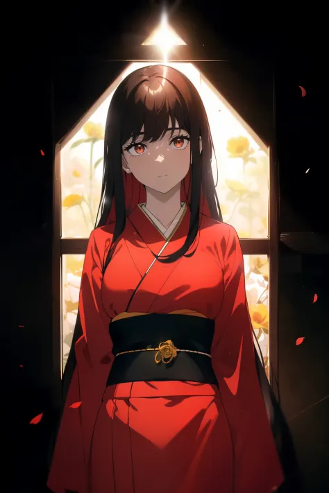((((Obra maestra, La mejor calidad, ultrahigh resolution)))), 1girl, standing, ((wearing a red_kimono)), (long black hair in vie...