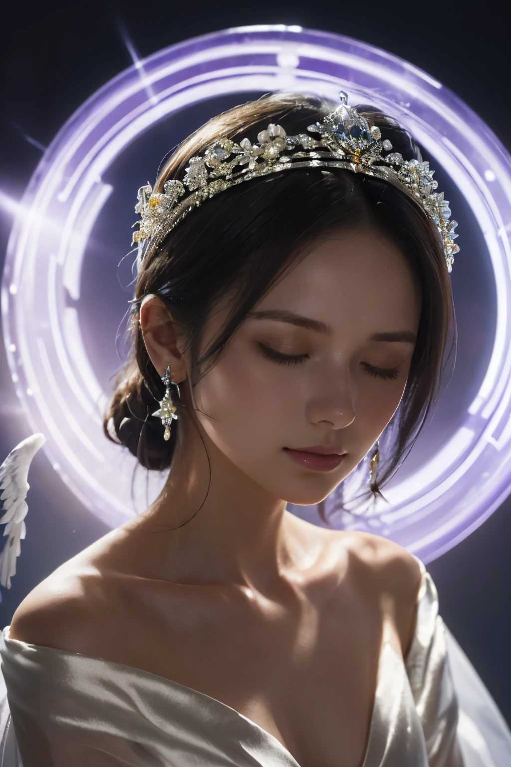 1girl in, Solo, Jewelry, earrings, Closed eyes, flower,(Sunlight),(Angel),Dynamic Angle, floating, Wing, Halo, floating white silk,(Holy Light),silver star, facing front