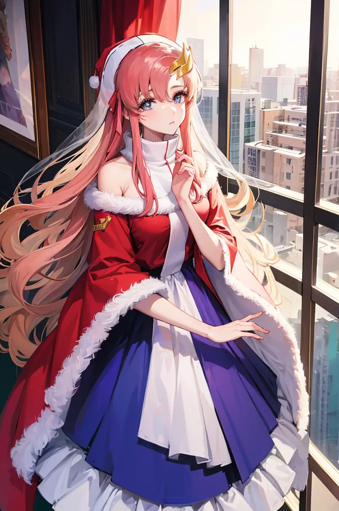 have her dressed as Santa Claus and delivering a gift to the viewer, master piece, melhor qualidade, Altas, anime, Lacus1, 1girl...
