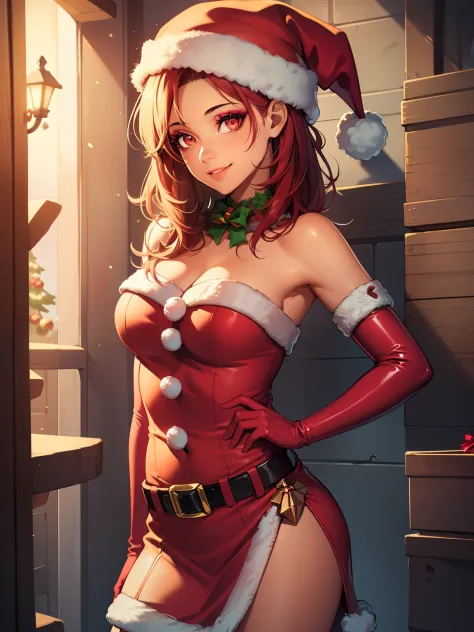 1girl, solo, masterpiece, best quality, high res, highly detailed, (illustration), beautiful detailed eyes, defHapi, red eyes ,glossy lips, makeup, smile, long white elbow gloves, cowboy shot, (santa), red santa dress, santa hat, strapless dress