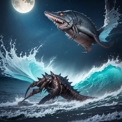 (best quality,highres,realistic),creepy creature, fish-like body, bug eyes, huge mouth with jagged teeth, spider legs, prowling the beach at night, hunting for food, eerie atmosphere, moonlit scene, dark shadows, sinister presence, surreal creature, grotes...