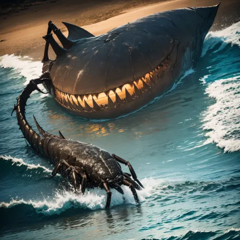 (best quality,highres,realistic),creepy creature, fish-like body, bug eyes, huge mouth with jagged teeth, spider legs, prowling the beach at night, hunting for food, eerie atmosphere, moonlit scene, dark shadows, sinister presence, surreal creature, grotes...