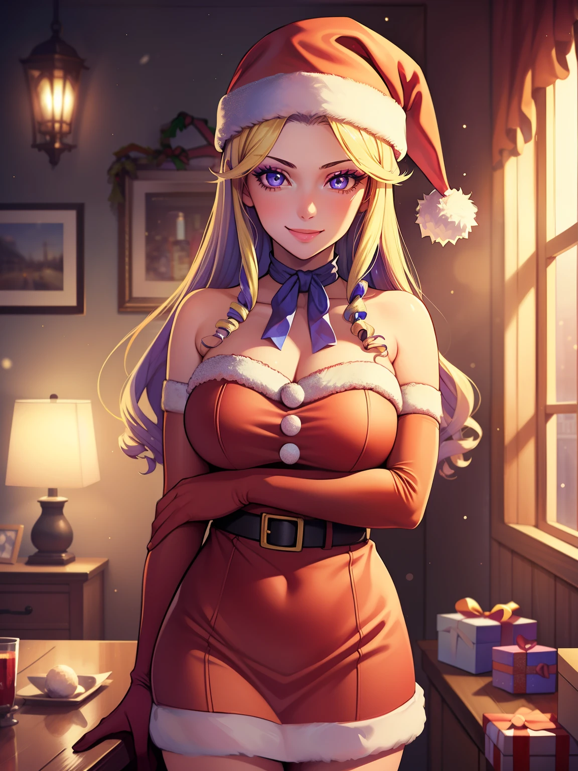 1girl, solo, masterpiece, best quality, high res, highly detailed, (illustration), beautiful detailed eyes, constance_timeskip, purple eyes ,glossy lips, makeup, smile, long white elbow gloves, cowboy shot, (santa), red santa dress, santa hat, strapless dress, indoors