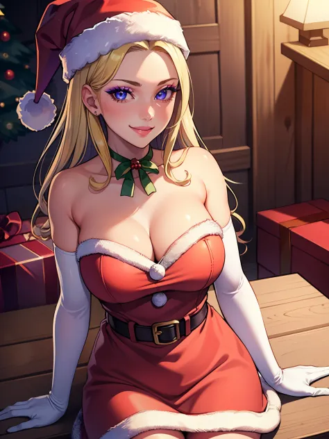 1girl, solo, masterpiece, best quality, high res, highly detailed, (illustration), beautiful detailed eyes, constance_timeskip, purple eyes ,glossy lips, makeup, smile, long white elbow gloves, cowboy shot, (santa), red santa dress, santa hat, strapless dr...