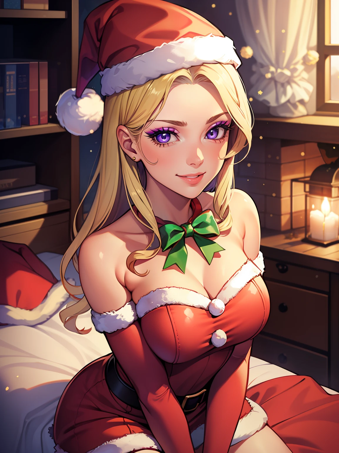 1girl, solo, masterpiece, best quality, high res, highly detailed, (illustration), beautiful detailed eyes, constance_timeskip, purple eyes ,glossy lips, makeup, smile, long white elbow gloves, cowboy shot, (santa), red santa dress, santa hat, strapless dress, indoors