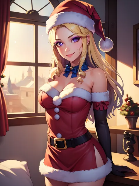 1girl, solo, masterpiece, best quality, high res, highly detailed, (illustration), beautiful detailed eyes, constance_timeskip, purple eyes ,glossy lips, makeup, smile, long white elbow gloves, cowboy shot, (santa), red santa dress, santa hat, strapless dr...